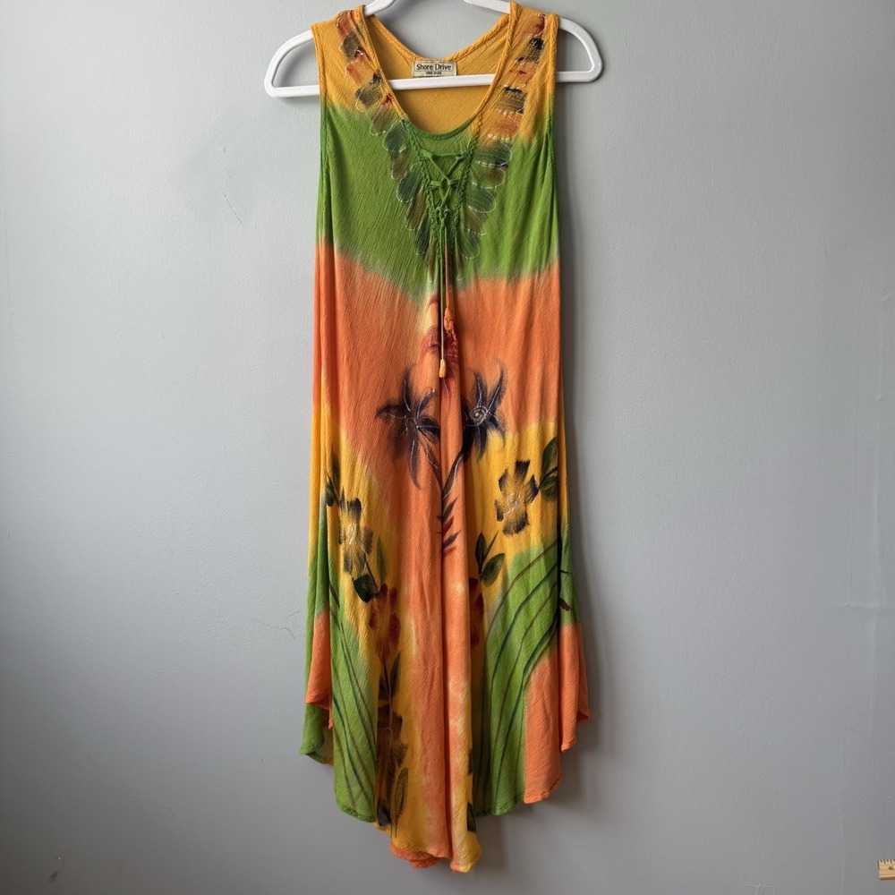 Shore Drive Boho Sleeveless Handkerchief Hem Dress Colorful Cotton Blend